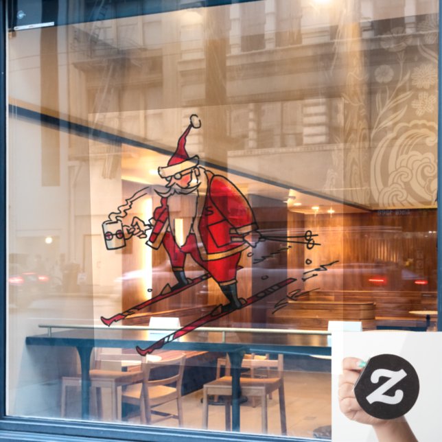 Santa Skiing lg see-thru window cling front stick (Cafe Window)