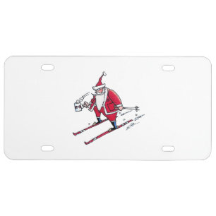 Santa Skiing plastic car license plate