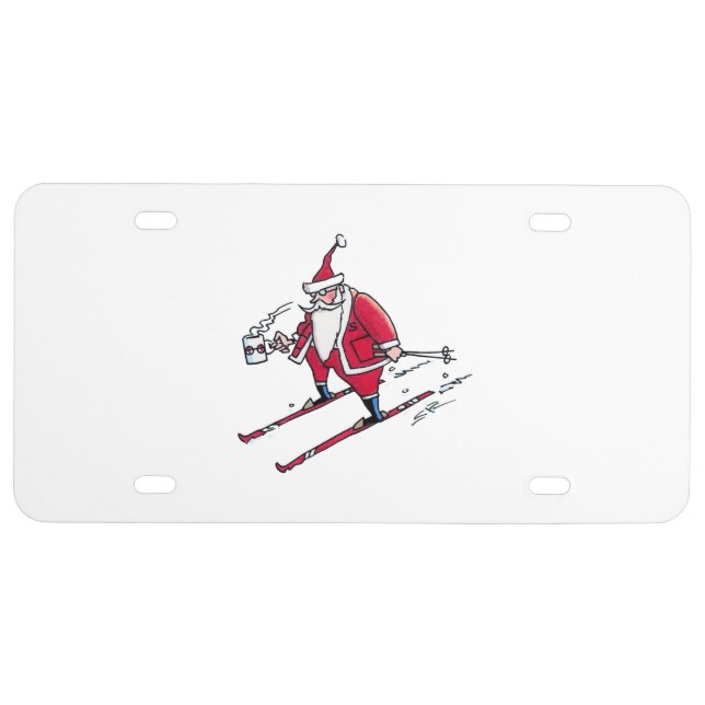 Santa Skiing plastic car license plate (Front)