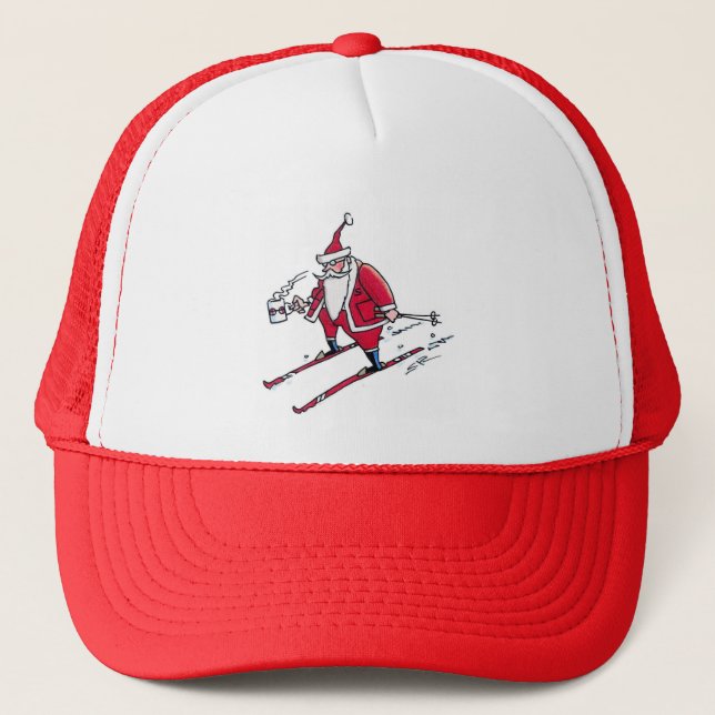 Santa Skiing red and white foam trucker hat (Front)