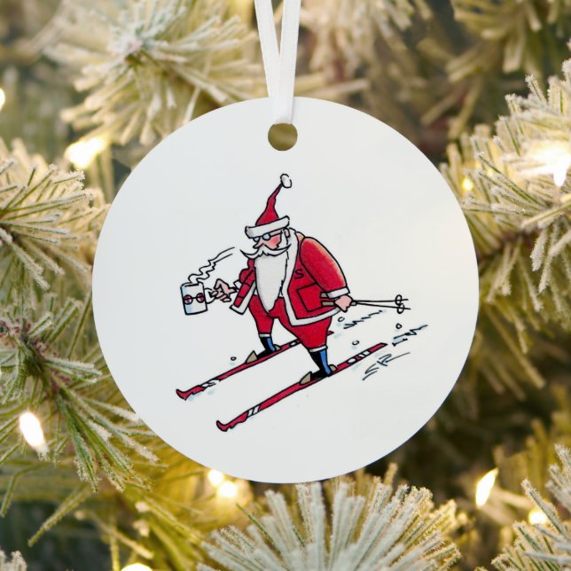 Santa Skiing round metal ornament (Insitu)