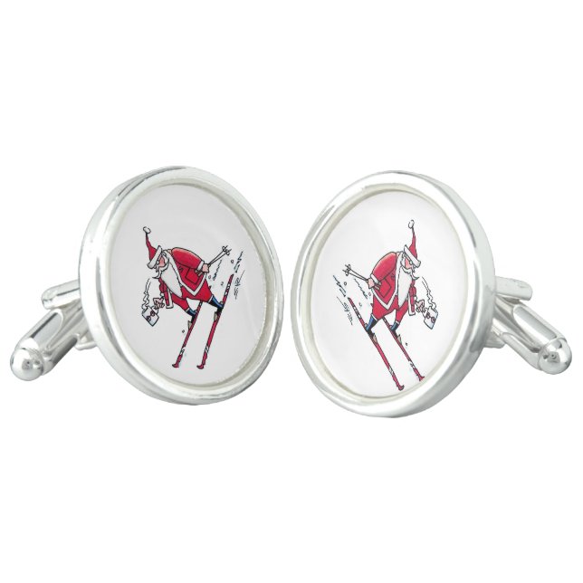 Santa Skiing silver plated cufflinks (Angled)