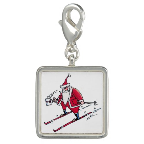 Santa Skiing silver square charm