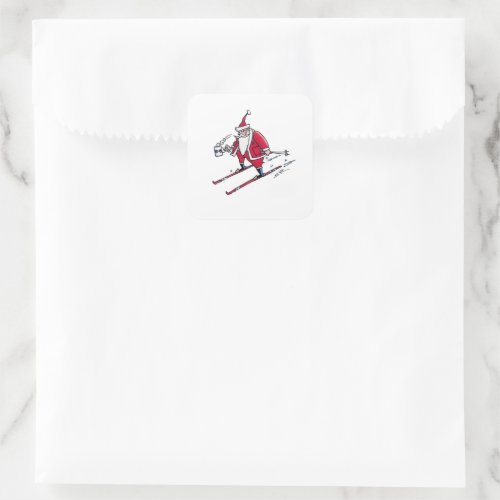 Santa Skiing small square stickers