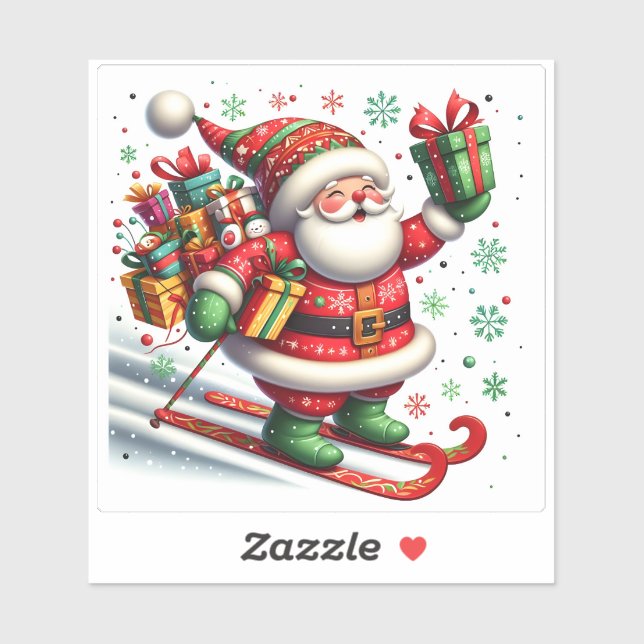 Santa Skiing While Delivering Gifts Sticker (Sheet)