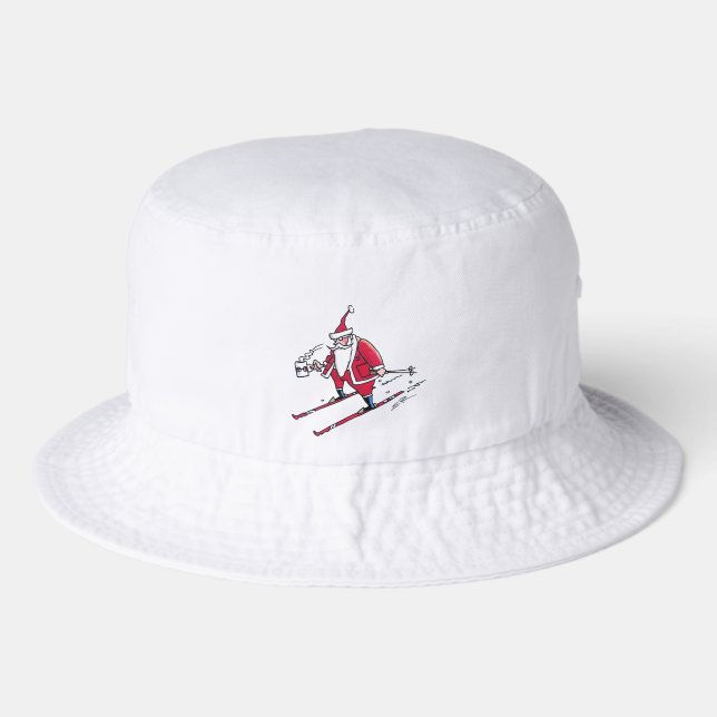 Santa Skiing white bucket hat (Front)