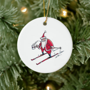 Santa Skiing white ceramic ornament