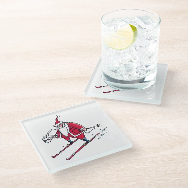 Santa Skiing white glass coaster (Angled)