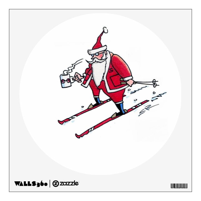 Santa Skiing white round wall decal (Front)
