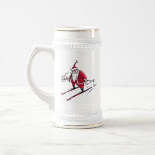Santa Skiing white stein w gold trim