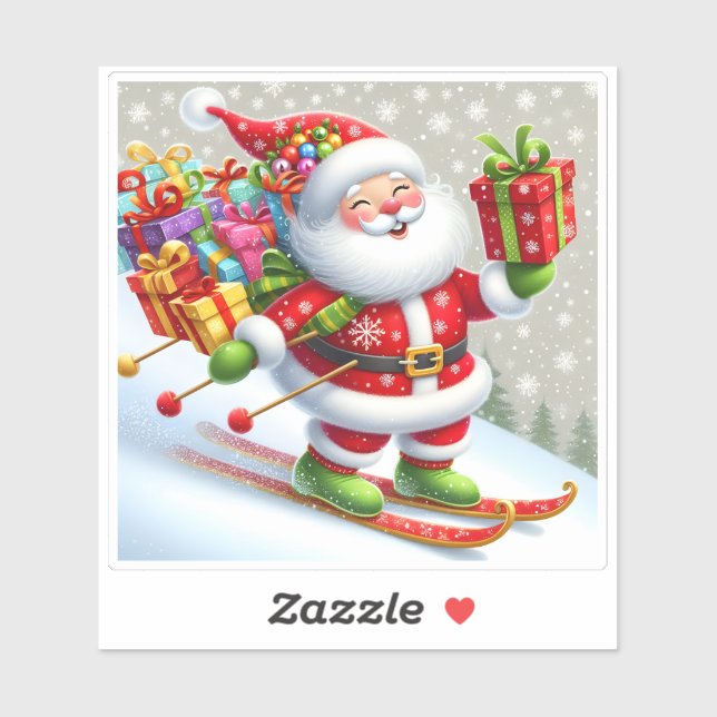 Santa Skiing With Colorful Gifts Sticker (Sheet)