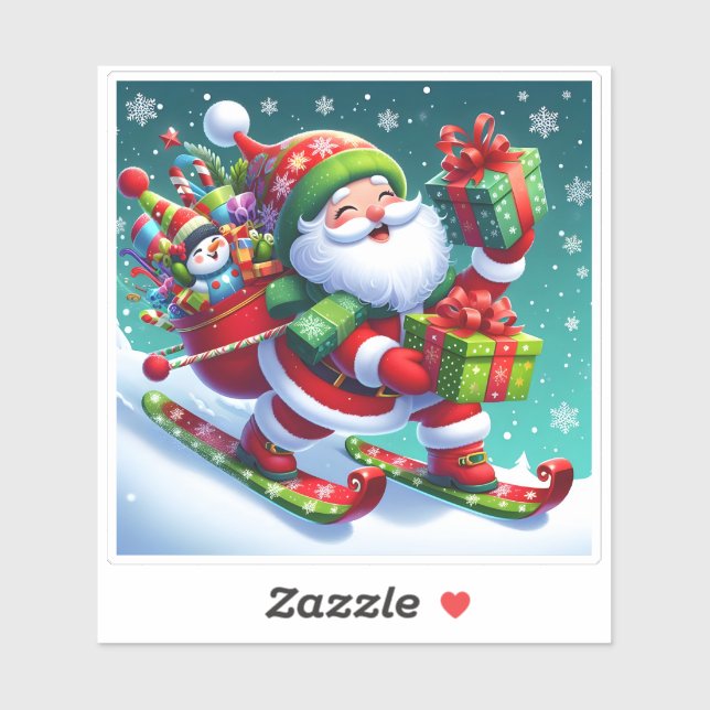 Santa Skiing With Colorful Gifts Sticker (Sheet)