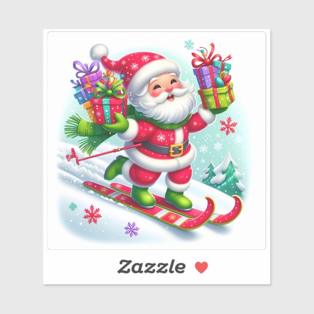 Santa Skiing With Colorful Gifts Sticker (Sheet)