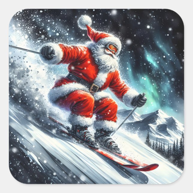 Santa Skis on a Snowy Slope Square Sticker (Front)