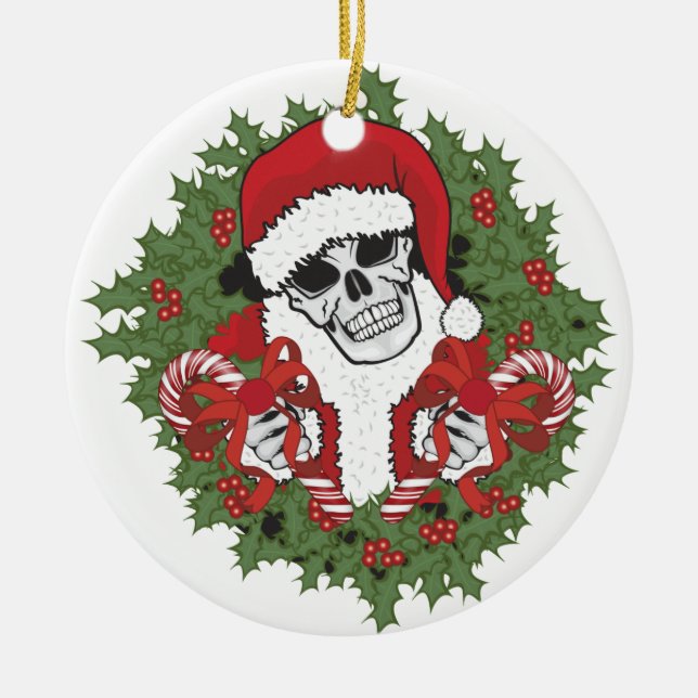 Santa Skull with Wreath Ceramic Ornament (Front)