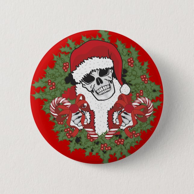 Santa Skull with Wreath Pinback Button (Front)