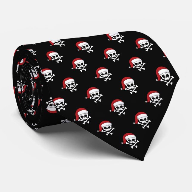 Santa Skulls Christmas Black Neck Tie (Rolled)