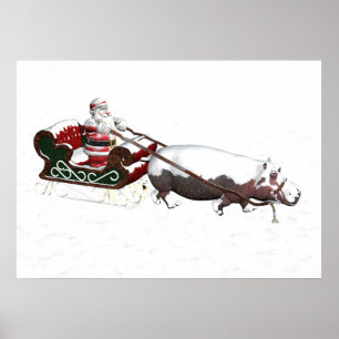 Santa Sled Pulled By Hippopotamus Poster