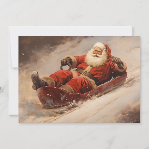Santa Sledding Snow Merry Christmas Vintage Holiday Card