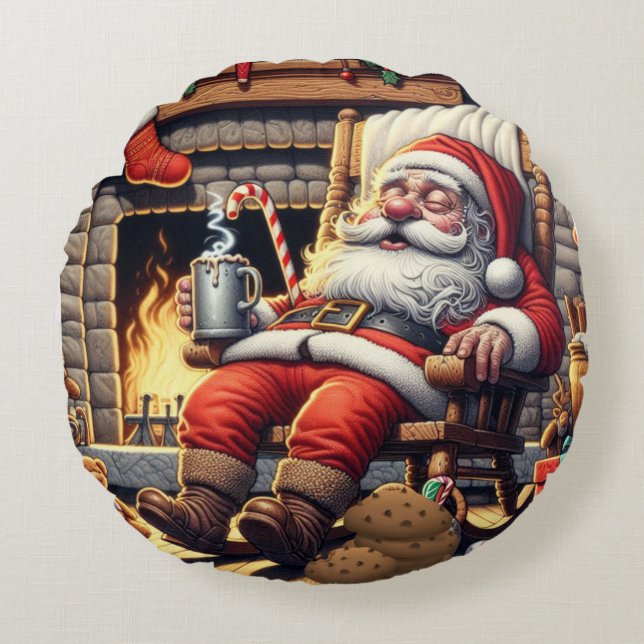 Santa sleeping Christmas Round Pillow (Front)