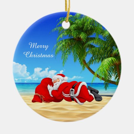 Santa Sleeping On The Beach Ceramic Ornament