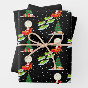 Santa Sleigh Alligator Christmas Moon Snow Tree Wrapping Paper Sheets