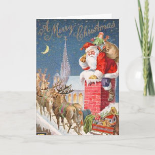 Santa Sleigh and Chimney Vintage Christmas Card