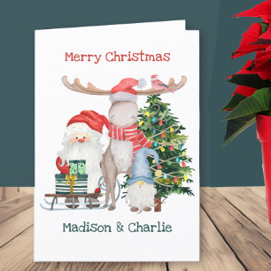 Santa Sleigh and Gnome Gonk Cute Personalized Kids Holiday Card