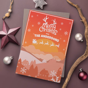Santa Sleigh and Reindeer Flying in the Sunset Sky Holiday Card