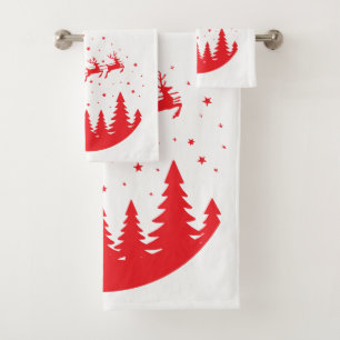 Santa Sleigh and Reindeer Flying Over Treetops Red Bath Towel Set