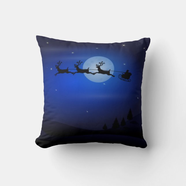 Santa Sleigh and Reindeer Flying Throw Pillow (Front)