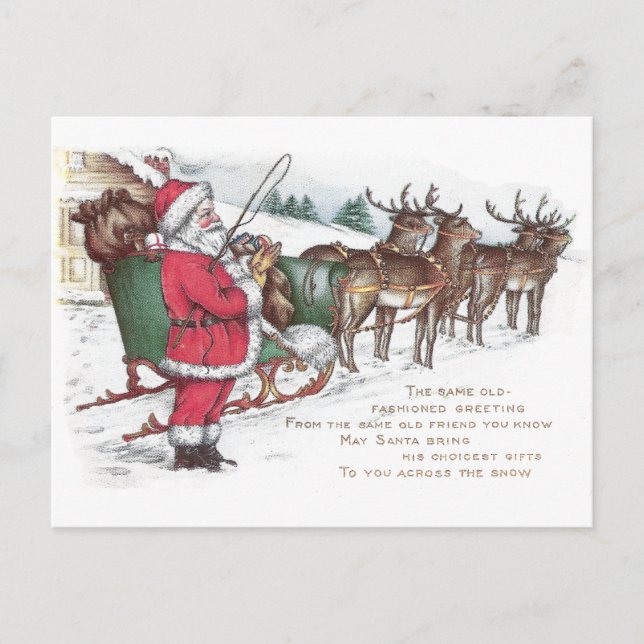 Santa, Sleigh and Reindeer Vintage Christmas Holiday Postcard (Front)