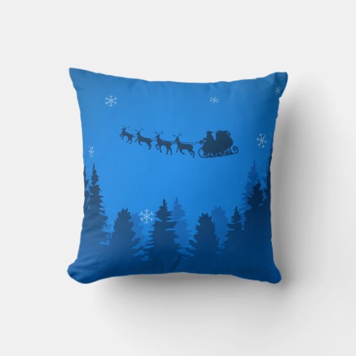 Santa Sleigh Blue Sky Night Cute Christmas Holiday Throw Pillow