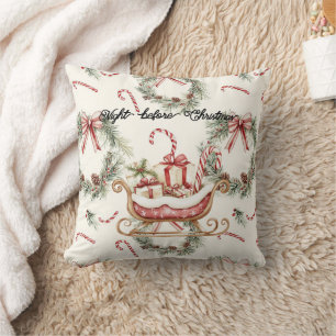 Santa Sleigh Candy Cane Christmas Throw Pillow