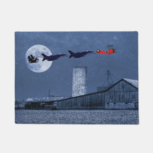 Santa Sleigh F_16 Jets and Red Biplane Christmas Doormat