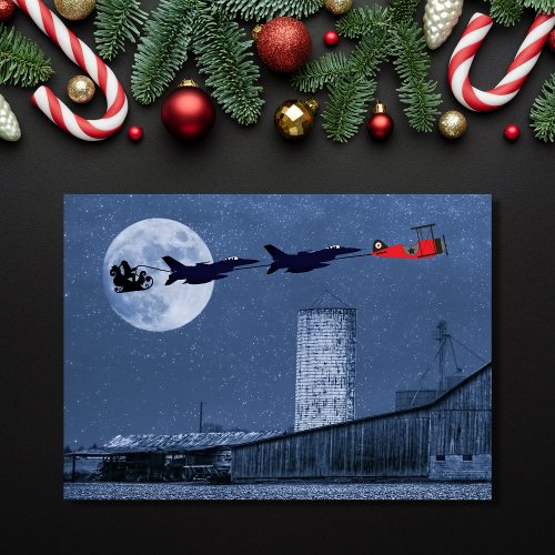 Santa Sleigh F_16 Jets and Red Biplane Christmas Holiday Card