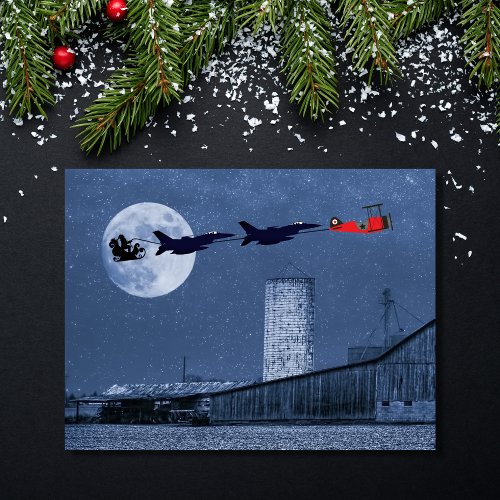 Santa Sleigh F_16 Jets and Red Biplane Christmas Holiday Postcard