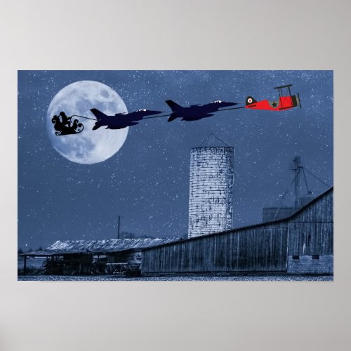 Santa Sleigh F_16 Jets and Red Biplane Christmas Poster