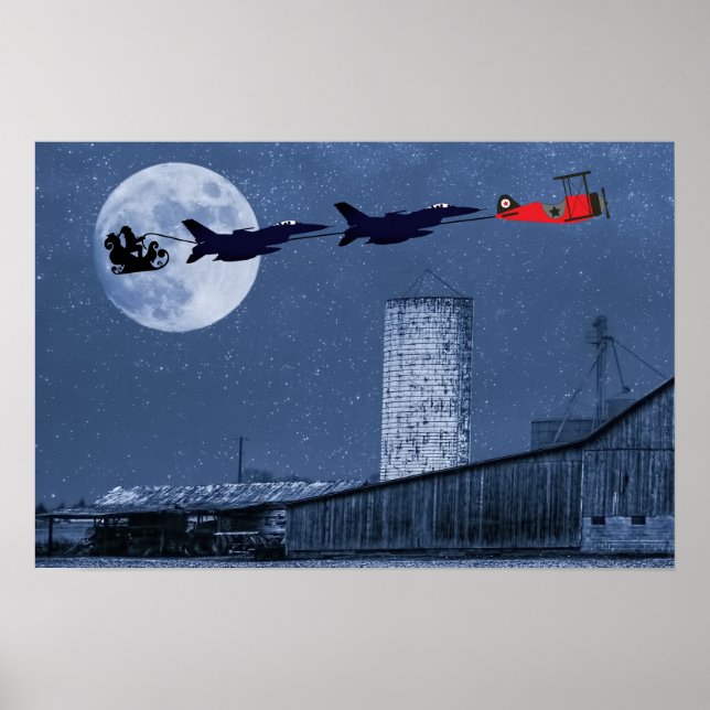 Santa, Sleigh, F-16 Jets and Red Biplane Christmas Poster (Front)