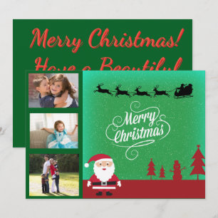 Santa Sleigh & Family 3 Photo Christmas Holiday Card
