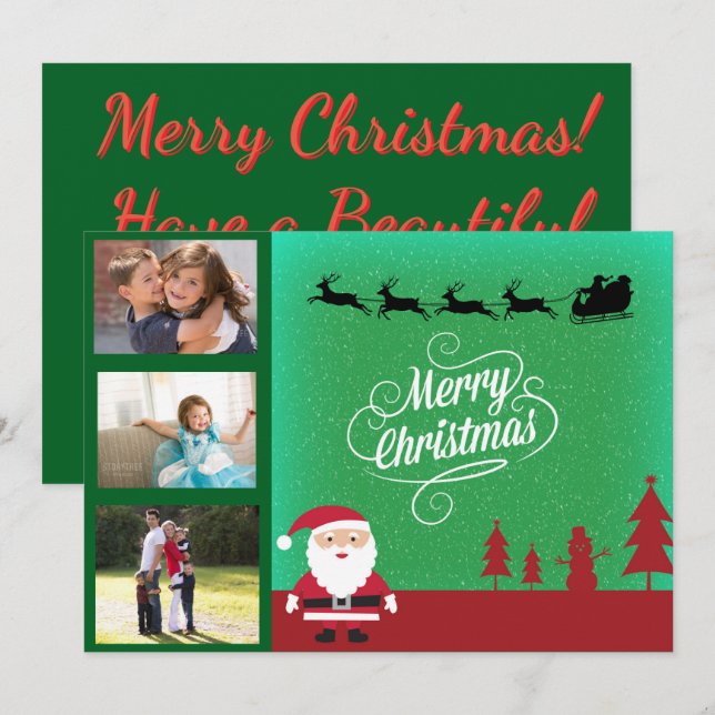 Santa Sleigh & Family 3 Photo Christmas Holiday Card (Front/Back)