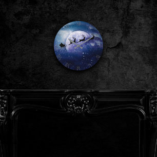 Santa Sleigh   Fantasy Galaxy Christmas Night Sky Round Clock