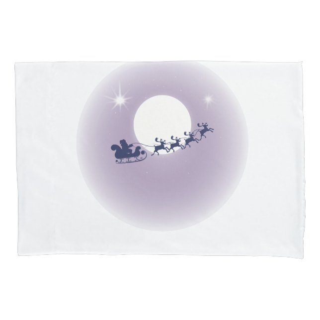 Santa Sleigh Flying Reindeer Moonlight Sky Scene Pillow Case (Front)