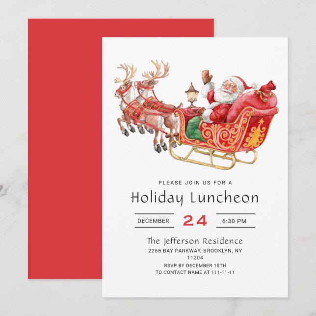 Santa Sleigh Holiday Luncheon Christmas Party Invitation (Front/Back)