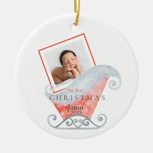 Santa Sleigh II Child Photo My 1st Christmas Ceramic Ornament