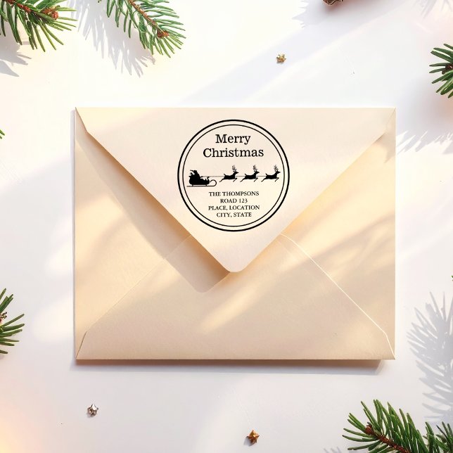Santa Sleigh Merry Christmas And Custom Address Rubber Stamp (Disclaimer: This image is a digital mockup.)