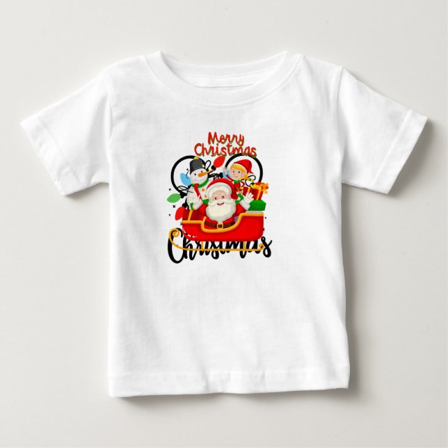 Santa Sleigh Merry Christmas Cartoon Baby T-Shirt (Front)