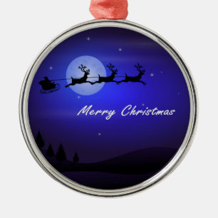 Santa Sleigh Moon Merry Christmas Metal Ornament