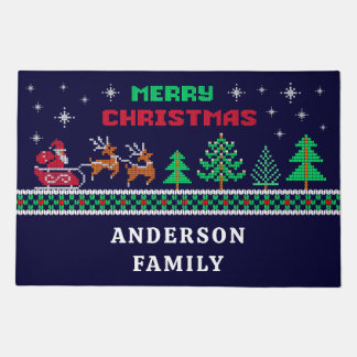 Santa Sleigh on Navy Blue Family Name Christmas Doormat