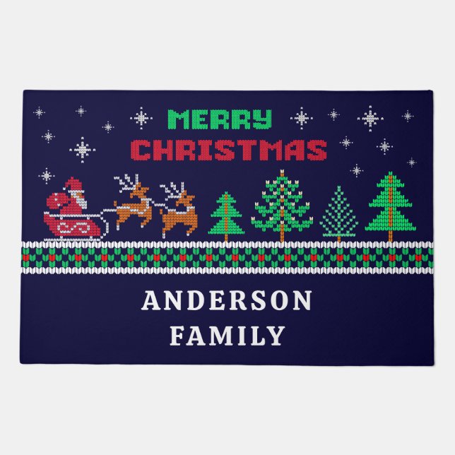 Santa Sleigh on Navy Blue Family Name Christmas  Doormat (Front)